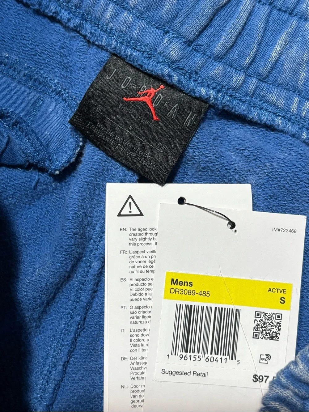 Nike Jordan Flight Fleece Jogger Sweatpants Blue Acid Wash Men's sz small new